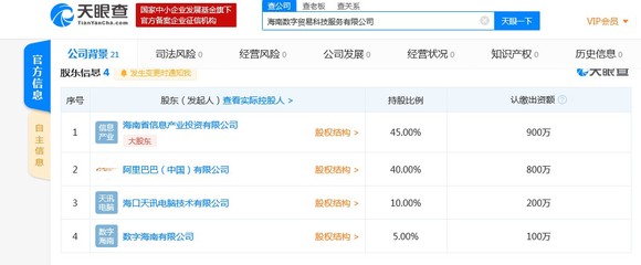 阿里巴巴斥资800万投资海南数字贸易科技服务有限公司